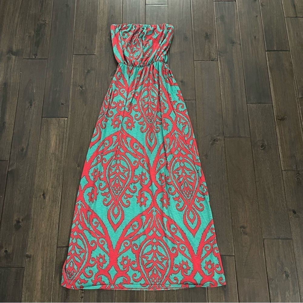 Cezanne Strapless Teal & Red Damask Print Maxi Dress M